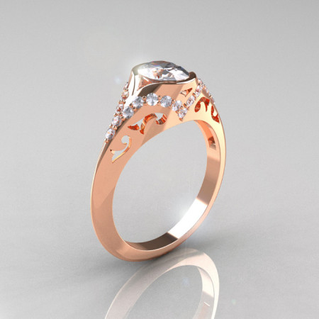 Classic 14K Rose Gold Oval White Sapphire Diamond Wedding Ring Engagement Ring R194-14KRGDNWS-1