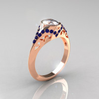 Classic 14K Rose Gold Oval White and Blue Sapphire Wedding Ring Engagement Ring R194-14KRGBSNWS-1