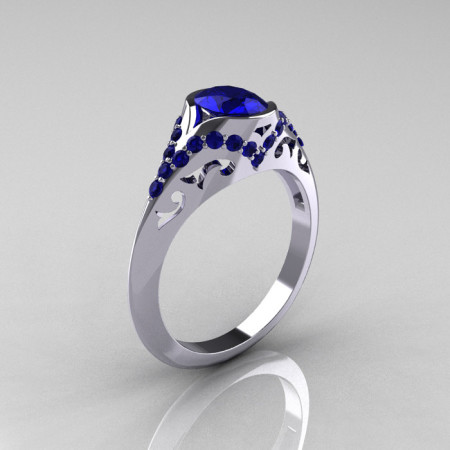Classic 10K White Gold Oval Blue Sapphire Wedding Ring Engagement Ring R194-10KWGNBS-1