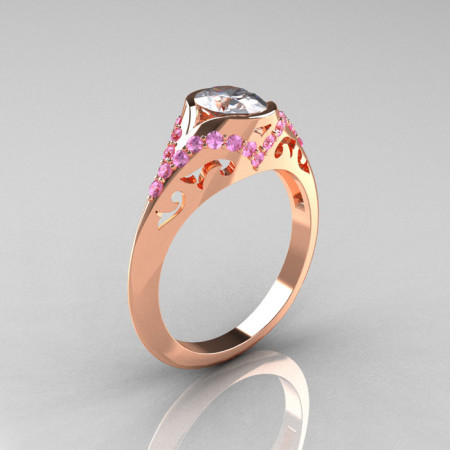 Classic 18K Rose Gold Oval White and Ligh Pink Sapphire Wedding Ring Engagement Ring R194-18KRGLPSNWS-1