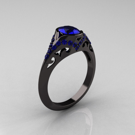 Classic 14K Black Gold Oval Blue Sapphire Wedding Ring Engagement Ring R194-14KBGNBS-1
