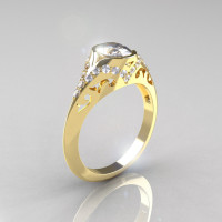 Classic 14K Yellow Gold Oval White Sapphire Diamond Wedding Ring Engagement Ring R194-14KYGDNWS-1