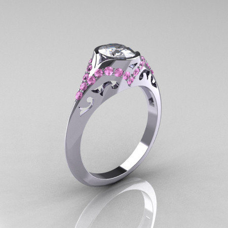 Classic 950 Platinum Oval White and Light Pink Sapphire Wedding Ring Engagement Ring R194-PLATLPSNWS-1