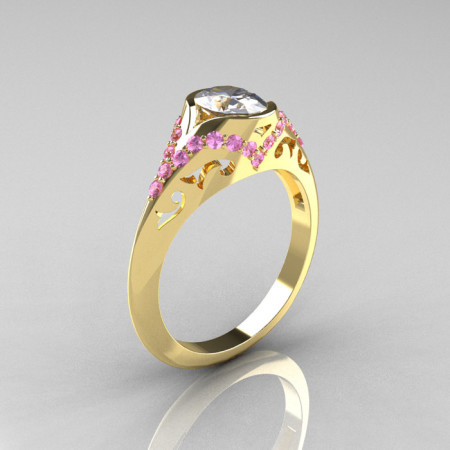 Classic 18K Yellow Gold Oval White and Ligh Pink Sapphire Wedding Ring Engagement Ring R194-18KYGLPSNWS-1