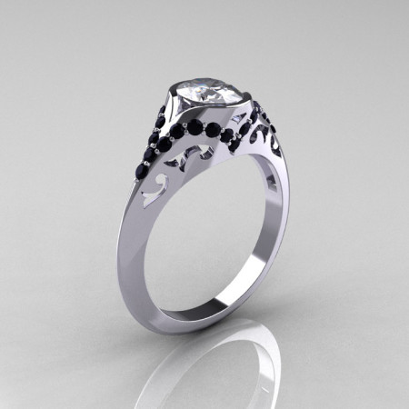 Classic 14K White Gold Oval White Sapphire Black Diamond Wedding Ring Engagement Ring R194-14KWGBDNWS-1