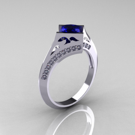 Modern French 10K White Gold 1.23 CT Princess Blue Sapphire Diamond Engagement Wedding Ring R176-10WGDBS-1