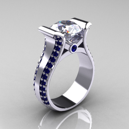 Modern 14K White Gold 3.0 Russian Cubic Zirconia Blue Sapphire Bridal Ring R196-14KWGBSRCZ-1