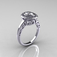Classic Italian 14K White Gold Oval White Sapphire Diamond Engagement Ring R195-14KWGDNWS-1