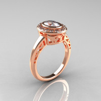 Classic Italian 14K Rose Gold Oval White Sapphire Diamond Engagement Ring R195-14KRGDNWS-1