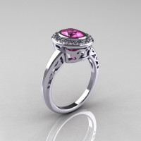 Classic Italian 14K White Gold Oval Pink and White Sapphire Diamond Engagement Ring R195-14KWGWPS-1