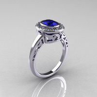 Classic Italian 14K White Gold Oval Blue Sapphire Diamond Engagement Ring R195-14KWGDNBS-1