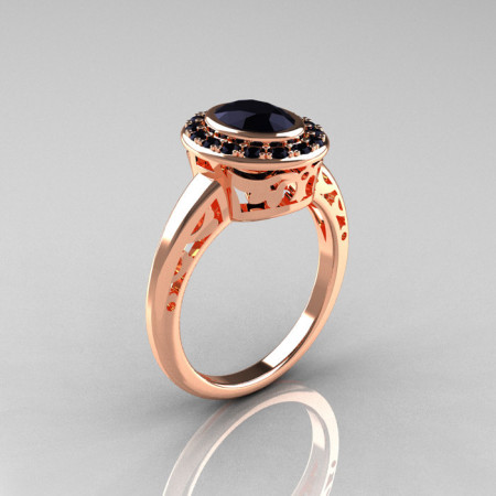 Classic Italian 14K Rose Gold Oval Black Diamond Engagement Ring R195-14KRGBDD-1