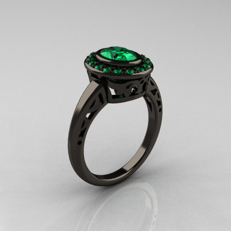 Classic Italian 14K Black Gold Oval Emerald Engagement Ring R195-14KBGEM-1