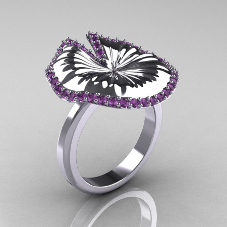 14K White Gold Lilac Amethyst Water Lily Leaf Wedding Ring Engagement Ring NN121-14KWGLA-1