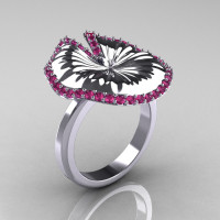 10K White Gold Pink Sapphire Water Lily Leaf Wedding Ring Engagement Ring NN121-10KWGPS-1