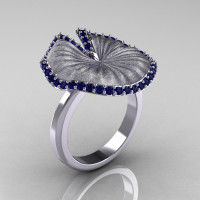 14K White Gold Blue Sapphire Water Lily Leaf Wedding Ring Engagement Ring NN121-10KWGSBS-1