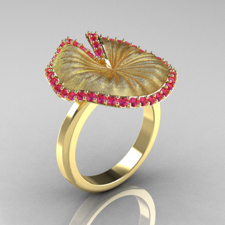 14K Yellow Gold Pink Sapphire Water Lily Leaf Wedding Ring Engagement Ring NN121-14KYGSPS-1