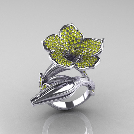 Designer Exclusive 14K White Gold Yellow Sapphire Angels Trumpet Flower and Vine Ring NN123-14KWGYS-1