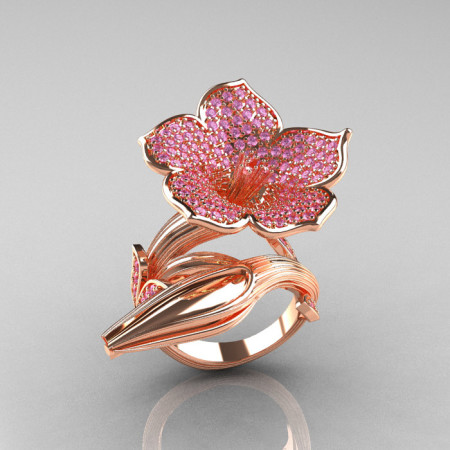 Designer Exclusive 14K Rose Gold Light Pink Sapphire Angels Trumpet Flower and Vine Ring NN123-14KRGLPS-1