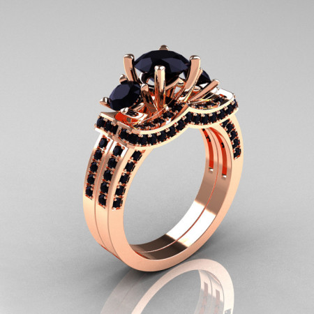 French 14K Rose Gold Three Stone Black Diamond Wedding Ring Engagement Ring Bridal Set R182S-14KRGBD-1