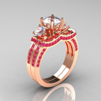 French 14K Rose Gold Three Stone Pink and White Sapphire Wedding Ring Engagement Ring Bridal Set R182S-14KRGPWS-1
