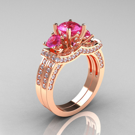 French 14K Rose Gold Three Stone White and Pink Sapphire Wedding Ring Engagement Ring Bridal Set R182S-14KRGWPS-1