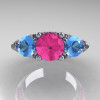 Classic 18K White Gold Three Stone Blue Topaz Pink Sapphire Solitaire Ring R200-18KWGBTPS-4