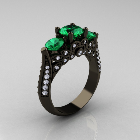 14K Black Gold Three Stone Diamond Emerald Solitaire Ring R200-14KBGDEM-1