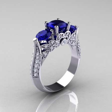 Classic 14K White Gold Three Stone Diamond Blue Sapphire Solitaire Ring R200-14KWGDBS-1