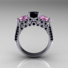14K White Gold Three Stone Light Pink Sapphire Black Diamond Solitaire Ring R200-14KWGBDLPS-2