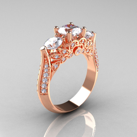 18K Rose Gold Three Stone Diamond Cubic Zirconia Solitaire Ring R200-18KRGDCZ-1