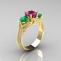 14K Yellow Gold Three Stone Diamond Emerald Amethyst Solitaire Ring R200-14KYGDAMEM-1