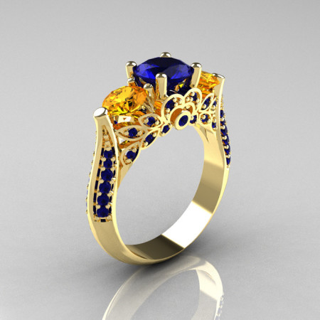 Classic 14K Yellow Gold Three Stone Blue Sapphire Citrine Solitaire Ring R200-14KYGBSCI-1