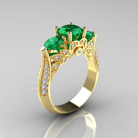 Classic 14K Yellow Gold Three Stone Diamond Emerald Solitaire Ring R200-14KYGDEM-1