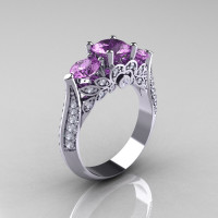 Classic 14K White Gold Three Stone Diamond Lilac Amethyst Solitaire Ring R200-14KWGDLA-1