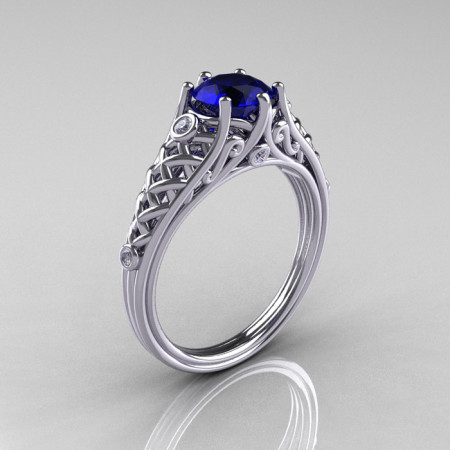 Classic French 14K White Gold 1.0 Carat Blue Sapphire Diamond Lace Ring R175-14WGDBS-1