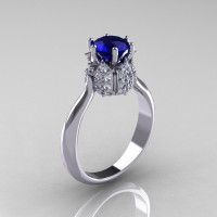 14K White Gold Diamond 1.0 Carat Blue Sapphire Tulip Solitaire Engagement Ring NN119-14KWGDBS-1