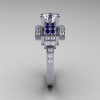 Modern Edwardian 14K White Gold 1.0 Carat White and Blue Sapphire Diamond Ring R202-14KWGDBWS-3