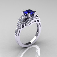 Modern Edwardian 14K White Gold 1.0 Carat Blue Sapphire Diamond Ring R202-14KWGDBS-1