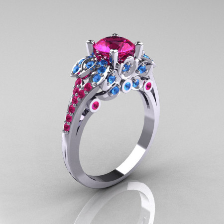 Classic 14K White Gold 1.0 CT Pink Sapphire Blue Topaz Solitaire Wedding Ring R203-14KWGPSBT-1