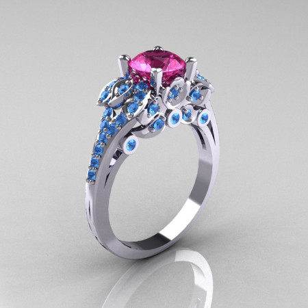 Classic 10K White Gold 1.0 CT Pink Sapphire Blue Topaz Solitaire Wedding Ring R203-10KWGBTPS-1