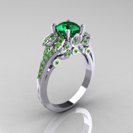 Classic 14K White Gold 1.0 CT Emerald Peridot Blazer Wedding Ring R203-14KWGPEM-1