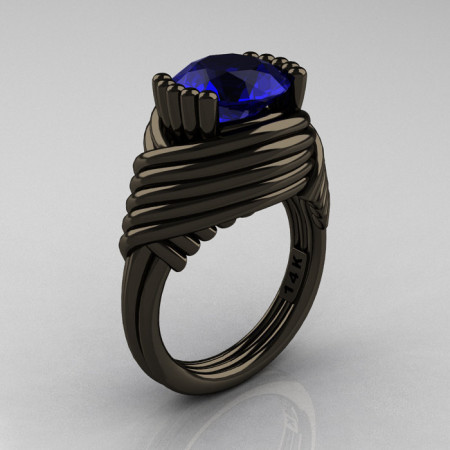 Modern Antique 14K Black Gold 3.0 Carat Blue Sapphire Wedding Ring R211-14KBGBS-1