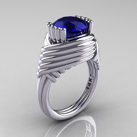Modern Antique 14K White Gold 3.0 Carat Blue Sapphire Wedding Ring R211-14KWGBS-1