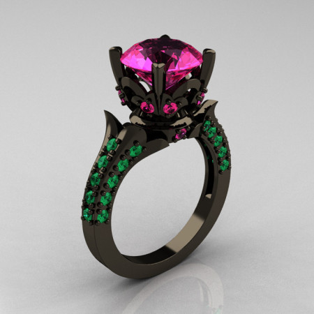 Classic French 14K Black Gold 3.0 Carat Pink Sapphire Emerald Solitaire Wedding Ring R401-14KBGEPS-1