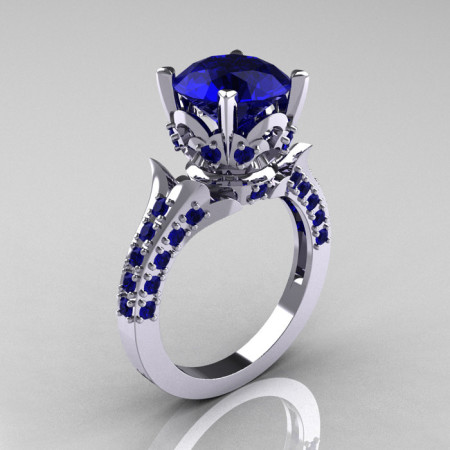 Classic French 10K White Gold 3.0 Carat Blue Sapphire Solitaire Wedding Ring R401-10KWGBS-1