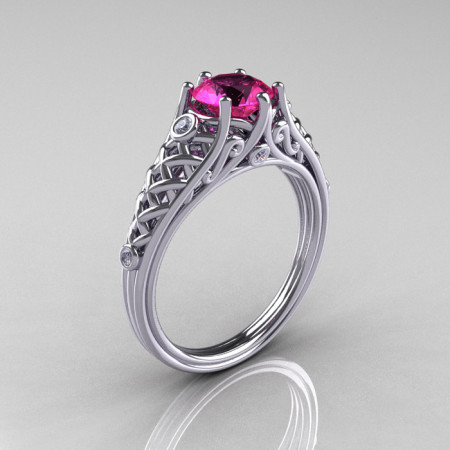 Classic French 14K White Gold 1.0 Carat Pink Sapphire Diamond Lace Ring R175-14WGDPS-1