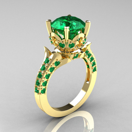 Classic French 14K Yellow Gold 3.0 Carat Emerald Solitaire Wedding Ring R401-14KYGE-1