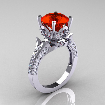 Classic French 14K White Gold 3.0 Carat Padparadscha Sapphire Diamond Solitaire Wedding Ring R401-14KWGDPS-1
