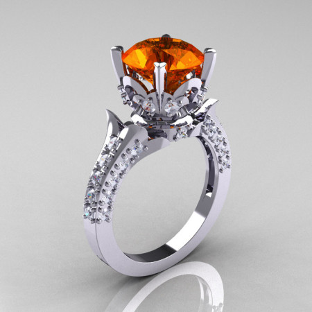 Classic French 14K White Gold 3.0 Carat Orange Sapphire Diamond Solitaire Wedding Ring R401-14KWGDOS-1